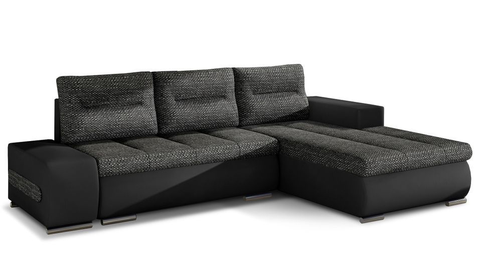 Canapé convertible angle droit tissu noir chiné et simili noir Waker 275 cm - Photo n°1