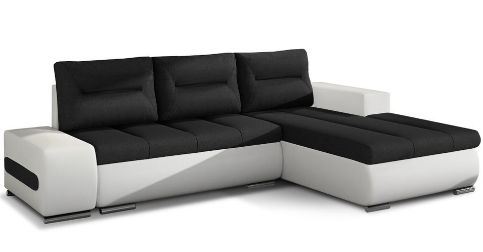 Canapé convertible angle droit tissu noir et simili blanc Waker 275 cm - Photo n°1