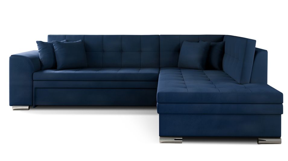 Canapé convertible angle droit velours bleu marine et chromé Pika 260 cm - Photo n°1