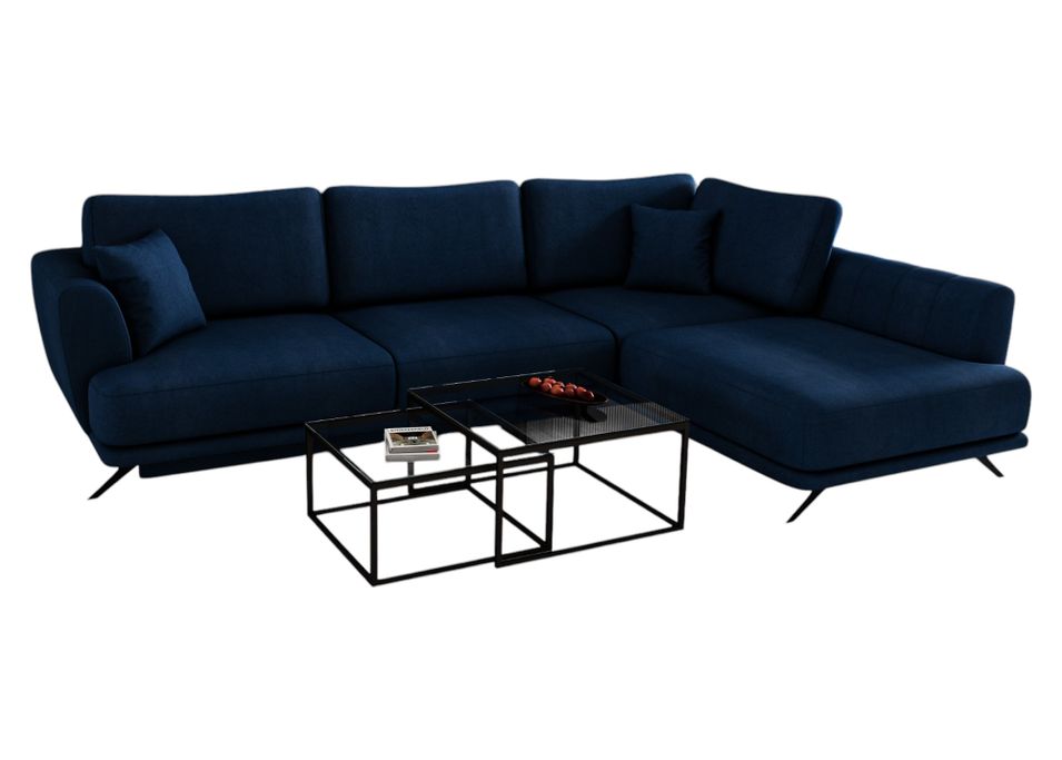 Canapé convertible angle droit velours bleu marine Savary 280 cm - Photo n°1