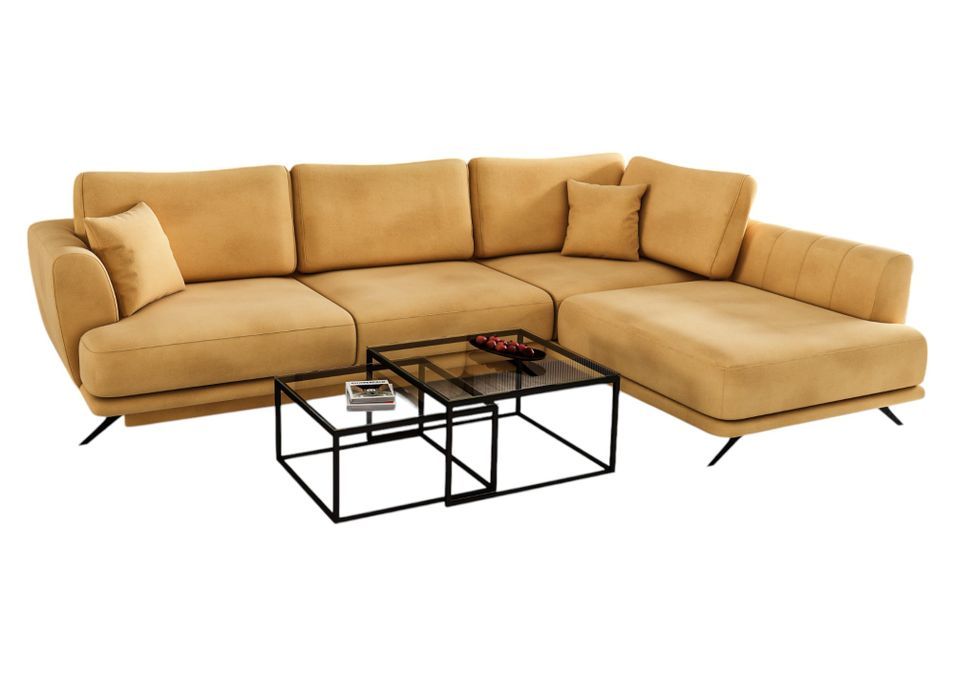 Canapé convertible angle droit velours jaune Savary 280 cm - Photo n°1
