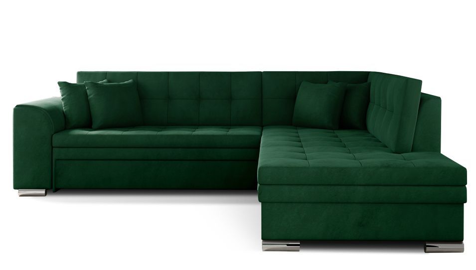 Canapé convertible angle droit velours vert épinard et chromé Pika 260 cm - Photo n°1
