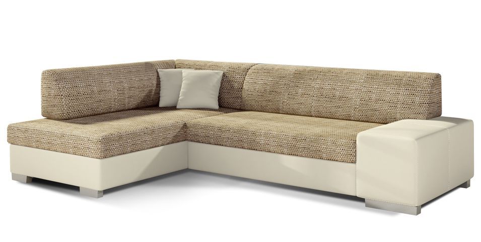 Canapé convertible angle gauche simili cuir beige et tissu beige clair chiné Polky 272 cm - Photo n°1