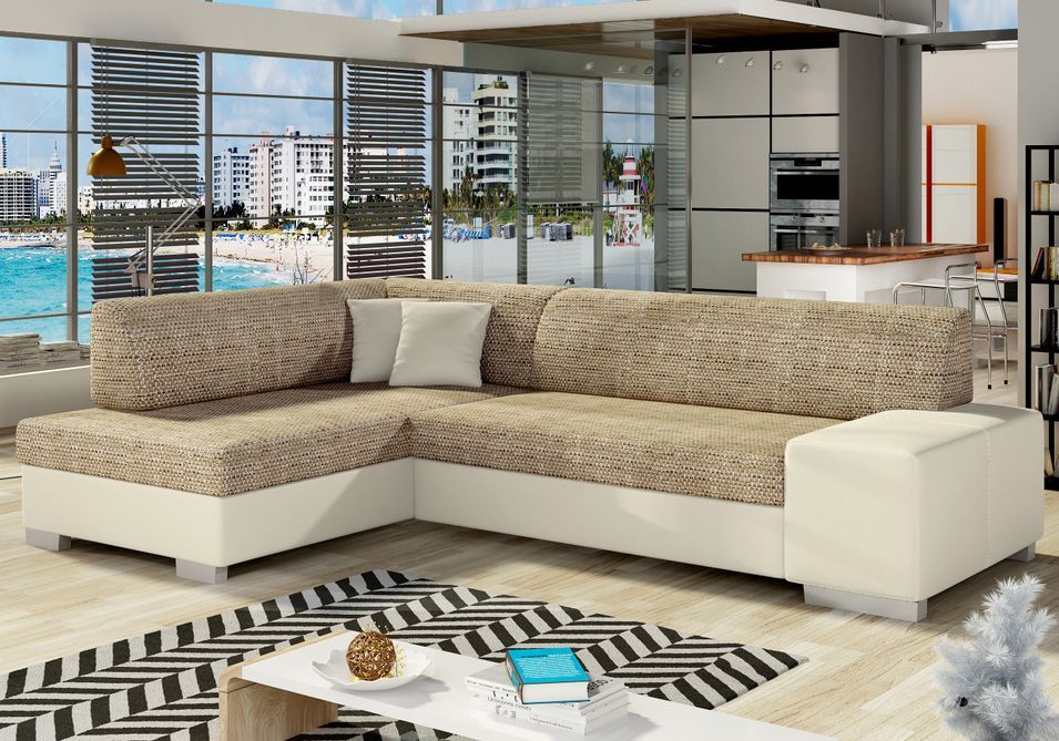 Canapé convertible angle gauche simili cuir beige et tissu beige clair chiné Polky 272 cm - Photo n°1