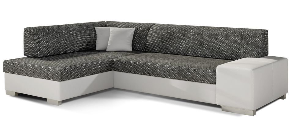 Canapé convertible angle gauche simili cuir blanc et tissu noir chiné Polky 272 cm - Photo n°1