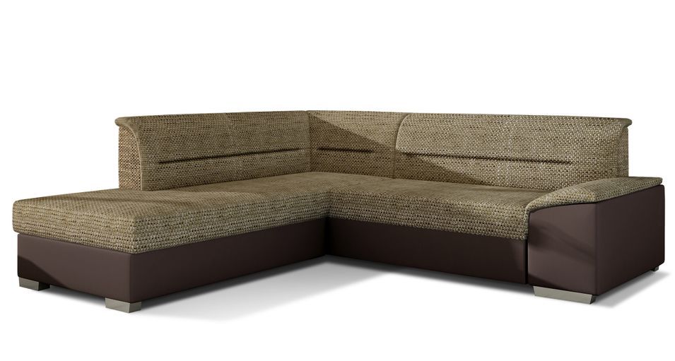 Canapé convertible angle gauche tissu beige chiné et simili marron Verza 270 cm - Photo n°1