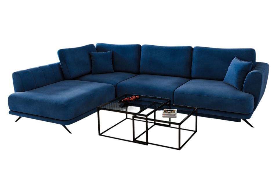 Canapé convertible angle gauche tissu bleu Savary 280 cm - Photo n°1