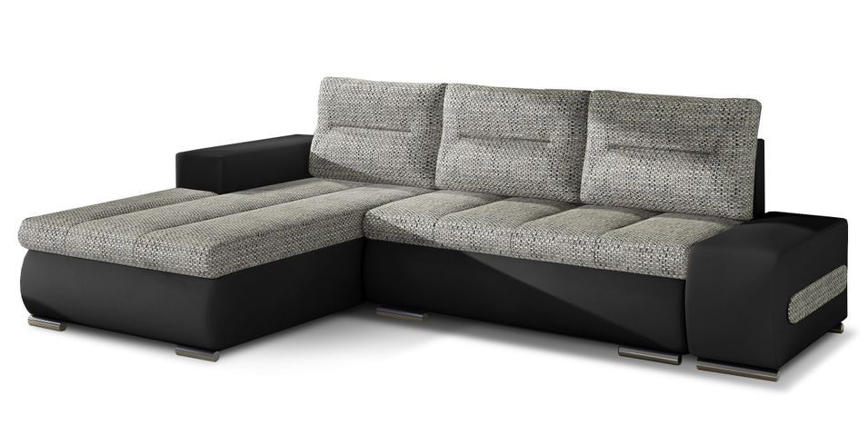 Canapé convertible angle gauche tissu gris chiné et simili noir Waker 275 cm - Photo n°1