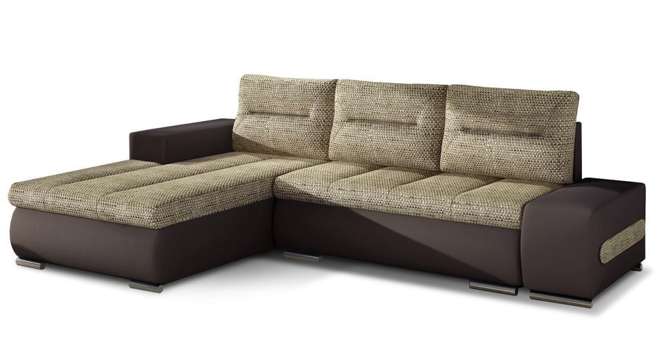Canapé convertible angle gauche tissu beige chiné et simili marron Waker 275 cm - Photo n°1