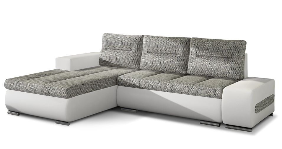 Canapé convertible angle gauche tissu gris clair chiné et simili blanc Waker 275 cm - Photo n°1