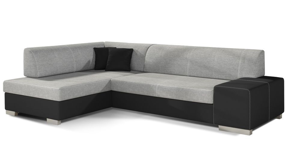 Canapé convertible angle gauche tissu gris clair et simili noir Polky 272 cm - Photo n°1