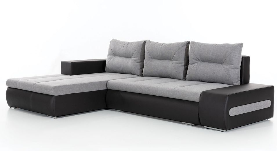 Canapé convertible angle gauche tissu gris clair et simili noir Waker 275 cm - Photo n°1