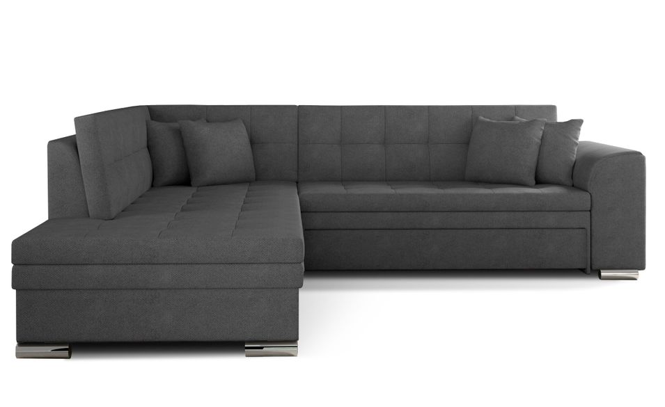 Canapé convertible angle gauche tissu gris et chromé Pika 260 cm - Photo n°1