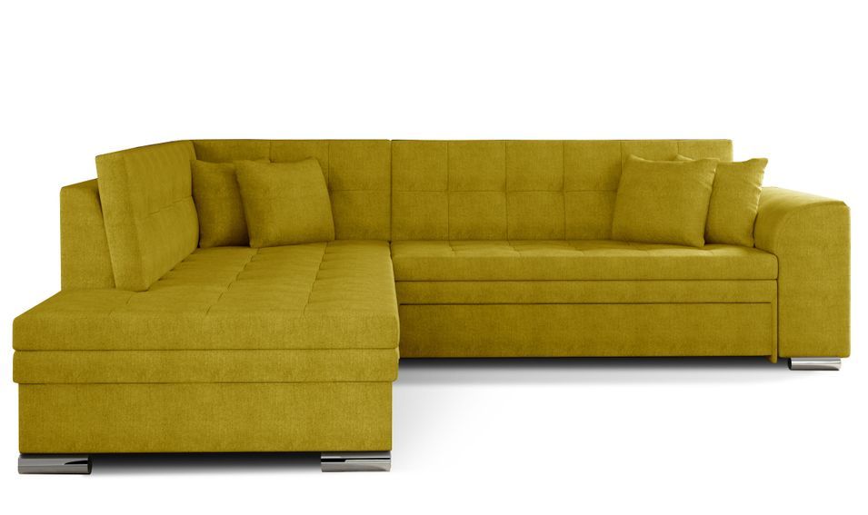Canapé convertible angle gauche tissu jaune moutarde et chromé Pika 260 cm - Photo n°1