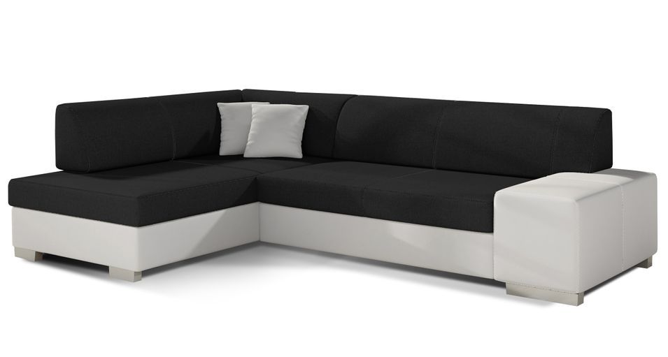 Canapé convertible angle gauche tissu noir et simili cuir blanc Polky 272 cm - Photo n°1