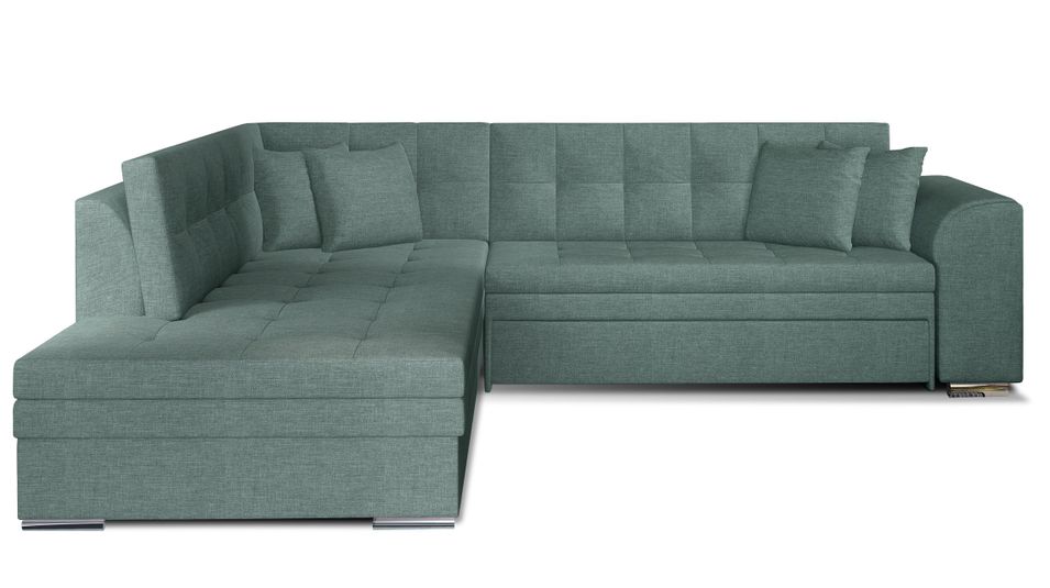 Canapé convertible angle gauche tissu vert céladon et chromé Pika 260 cm - Photo n°1