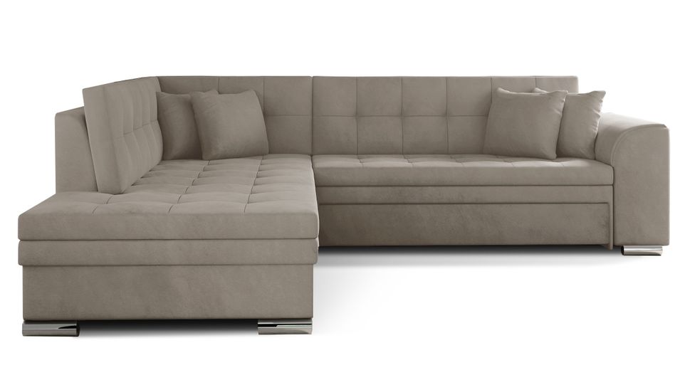 Canapé convertible angle gauche velours beige clair et chromé Pika 260 cm - Photo n°1