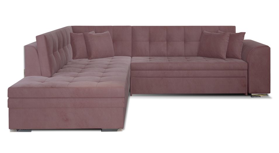 Canapé convertible angle gauche velours rose et chromé Pika 260 cm - Photo n°1