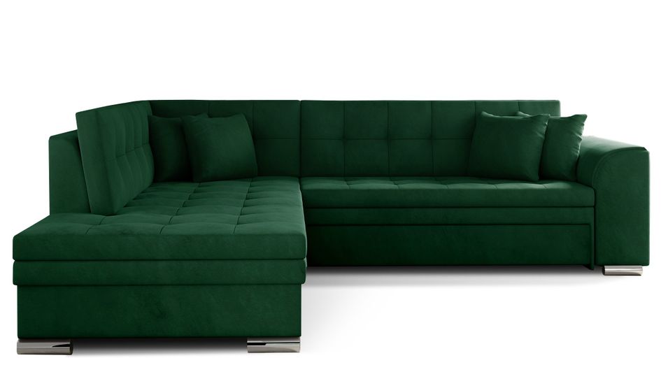 Canapé convertible angle gauche velours vert épinard et chromé Pika 260 cm - Photo n°1