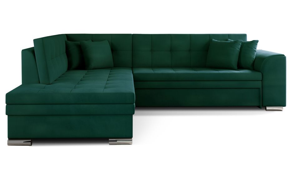 Canapé convertible angle gauche velours vert foncé et chromé Pika 260 cm - Photo n°1