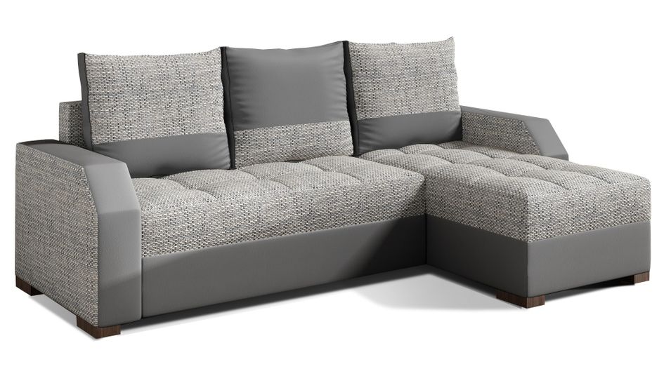 Canapé convertible angle réversible design tissu gris clair chiné et simili cuir gris Zarky 250 cm - Photo n°1