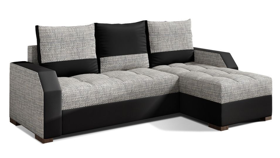 Canapé convertible angle réversible design tissu gris clair chiné et simili cuir noir Zarky 250 cm - Photo n°1