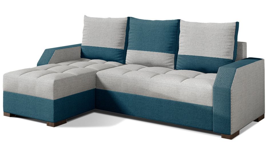 Canapé convertible angle réversible design tissu gris clair et bleu turquoise Zarky 250 cm - Photo n°1