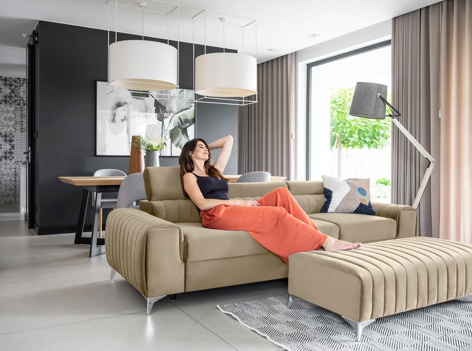 Canapé convertible avec appuis-tête réglables velours beige Lozan 261 cm - Photo n°14