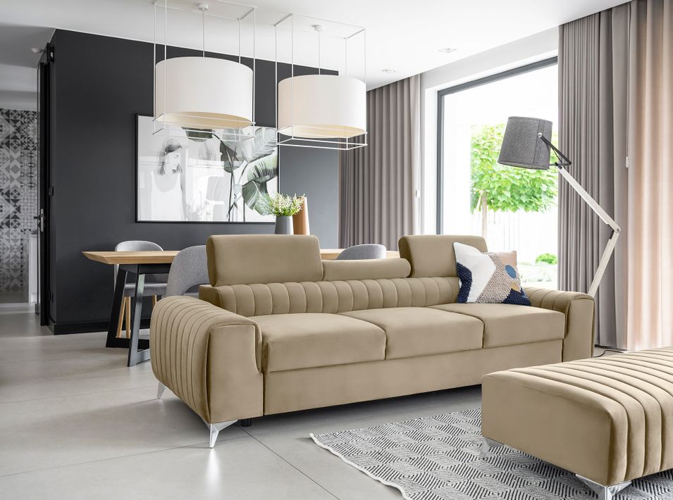 Canapé convertible avec appuis-tête réglables velours beige Lozan 261 cm - Photo n°17