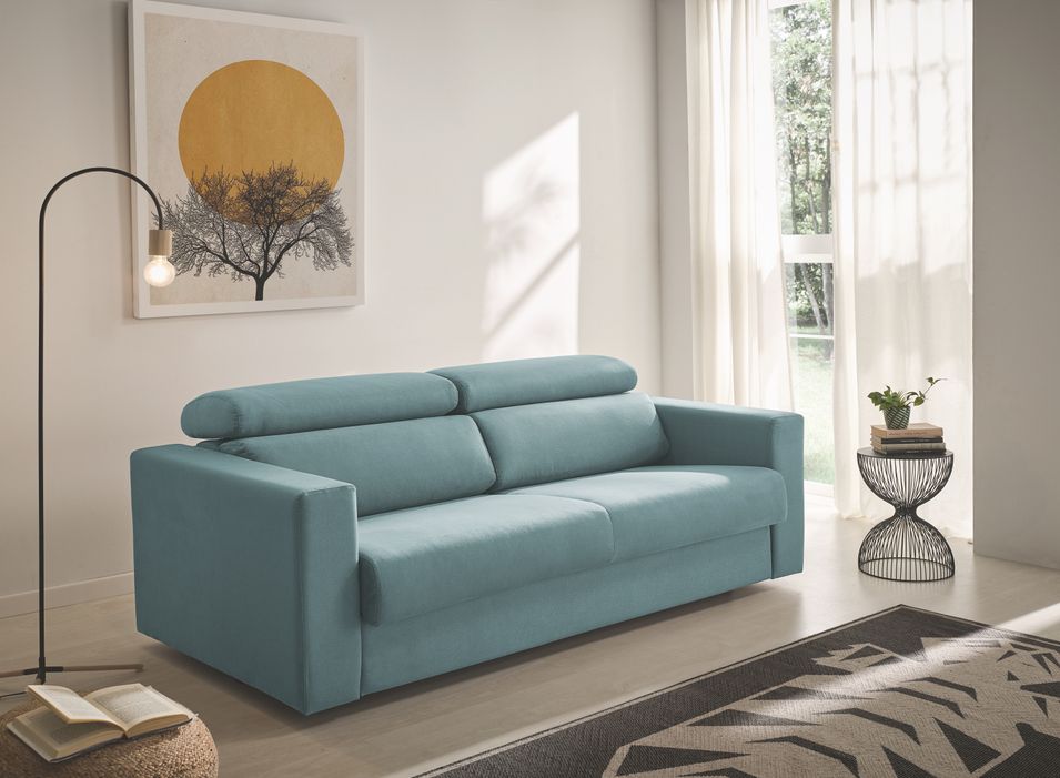 Canapé convertible Bultex 15 cm avec têtières tissu bleu Darina 199 cm - Photo n°1