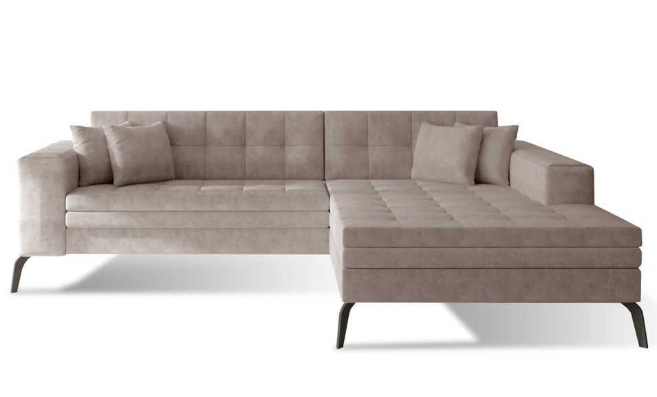 Canapé convertible capitonné angle droit tissu beige et pieds métal noir Lazor 295 cm - Photo n°1