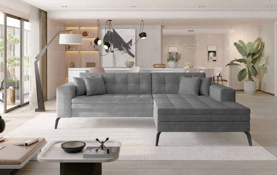 Canapé convertible capitonné angle droit tissu gris et pieds métal noir Lazor 295 cm - Photo n°1