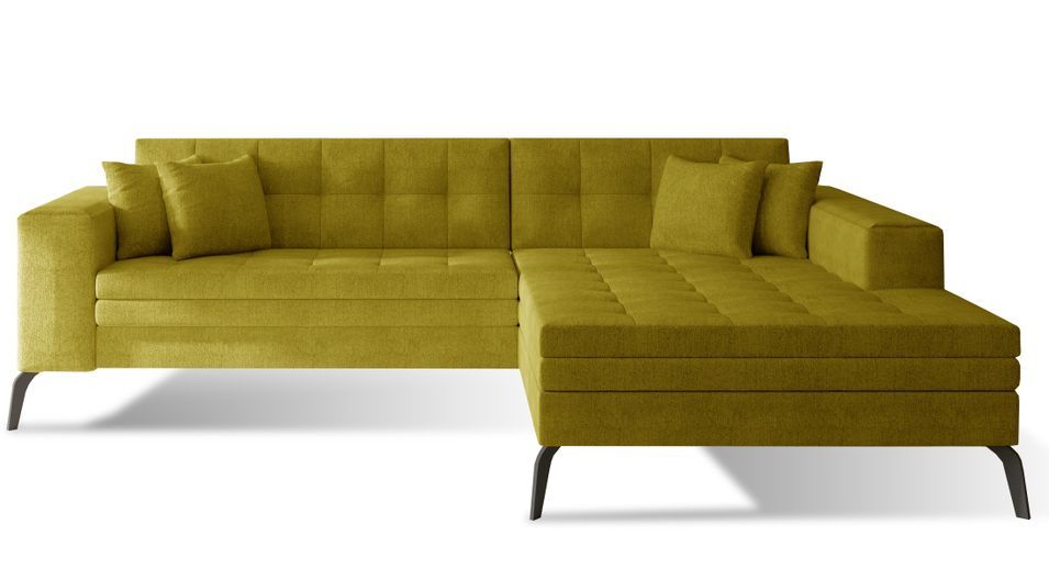 Canapé convertible capitonné angle droit tissu jaune moutarde et pieds métal noir Lazor 295 cm - Photo n°1