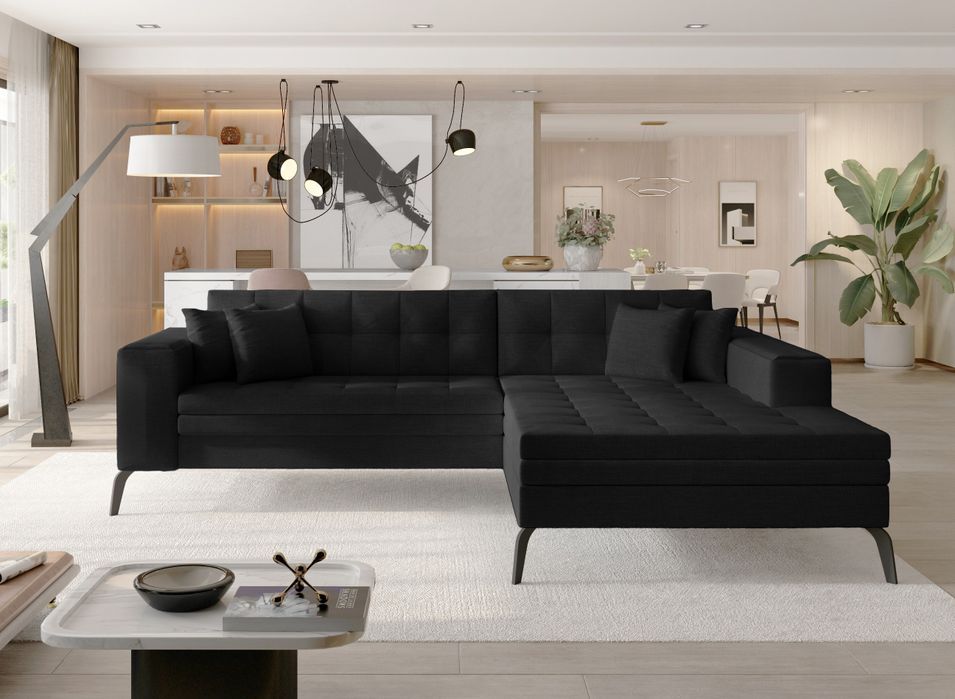 Canapé convertible capitonné angle droit tissu noir et pieds métal noir Lazor 295 cm - Photo n°1