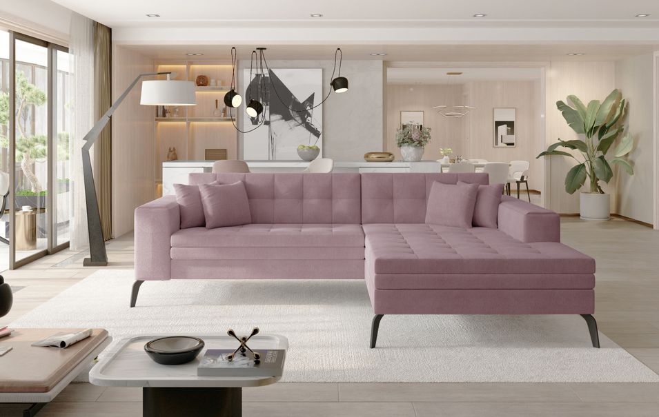 Canapé convertible capitonné angle droit tissu rose et pieds métal noir Lazor 295 cm - Photo n°1
