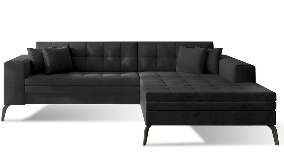 Canapé convertible capitonné angle droit velours gris anthracite et pieds métal noir Lazor 295 cm - Photo n°1