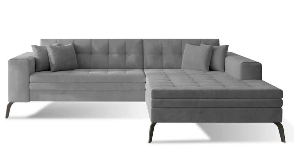 Canapé convertible capitonné angle droit velours gris clair et pieds métal noir Lazor 295 cm - Photo n°1