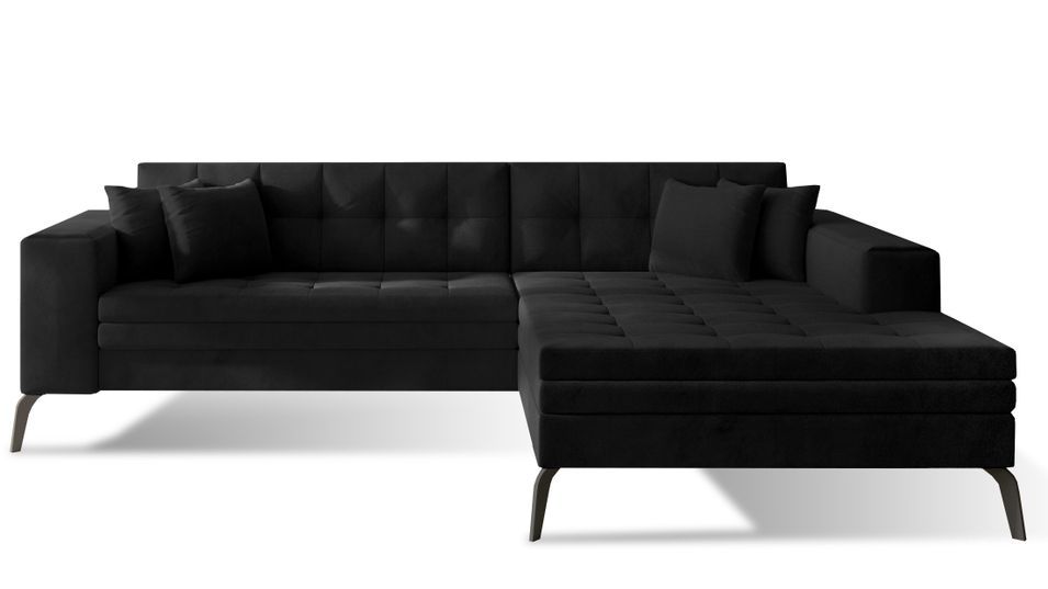 Canapé convertible capitonné angle droit velours noir et pieds métal noir Lazor 295 cm - Photo n°1