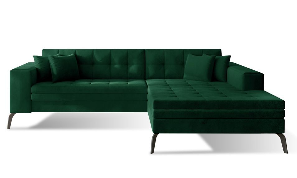 Canapé convertible capitonné angle droit velours vert impérial et pieds métal noir Lazor 295 cm - Photo n°1