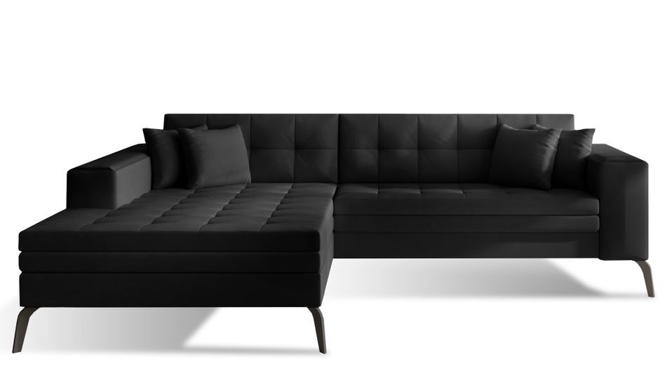 Canapé convertible capitonné angle gauche simili cuir noir et pieds métal noir Lazor 295 cm - Photo n°1