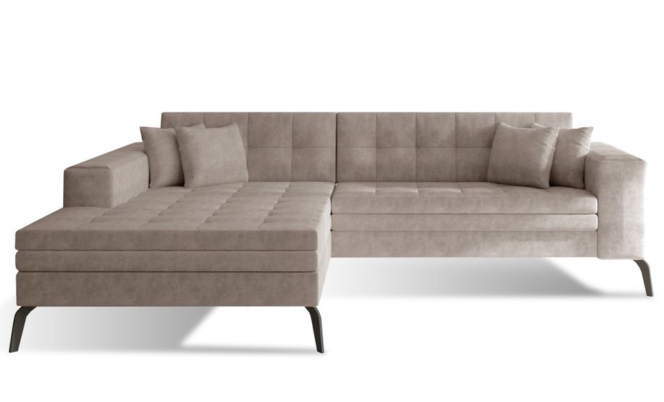 Canapé convertible capitonné angle gauche tissu beige et pieds métal noir Lazor 295 cm - Photo n°1