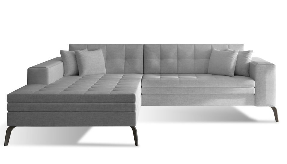 Canapé convertible capitonné angle gauche tissu gris clair et pieds métal noir Lazor 295 cm - Photo n°1