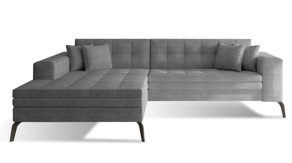 Canapé convertible capitonné angle gauche tissu gris et pieds métal noir Lazor 295 cm - Photo n°1