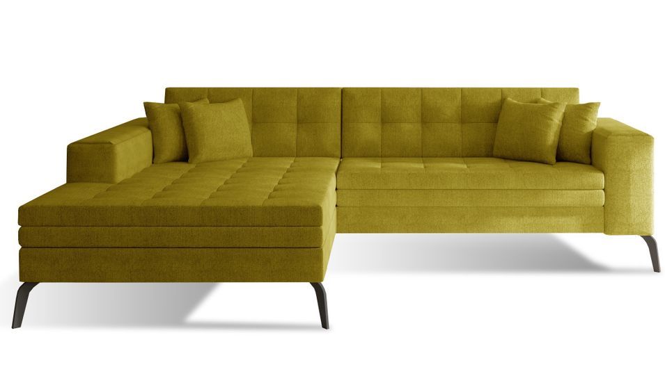 Canapé convertible capitonné angle gauche tissu jaune moutarde et pieds métal noir Lazor 295 cm - Photo n°1