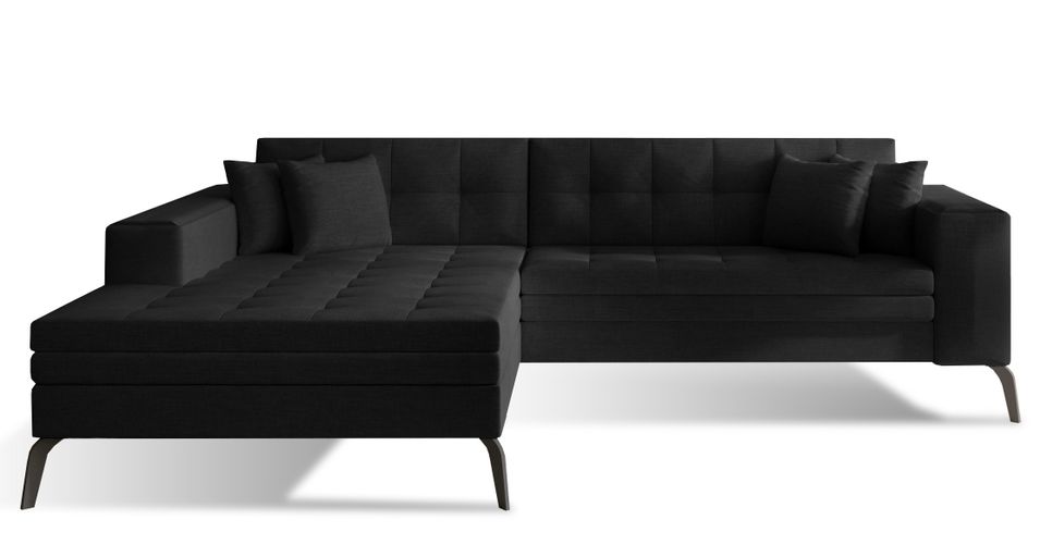 Canapé convertible capitonné angle gauche tissu noir et pieds métal noir Lazor 295 cm - Photo n°1