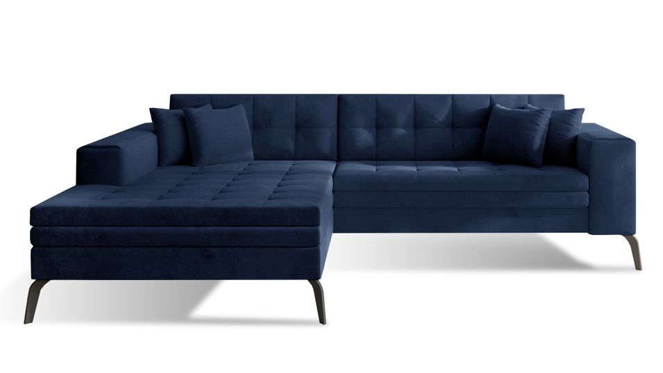 Canapé convertible capitonné angle gauche velours bleu marine et pieds métal noir Lazor 295 cm - Photo n°1