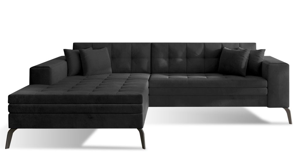 Canapé convertible capitonné angle gauche velours gris anthracite et pieds métal noir Lazor 295 cm - Photo n°1