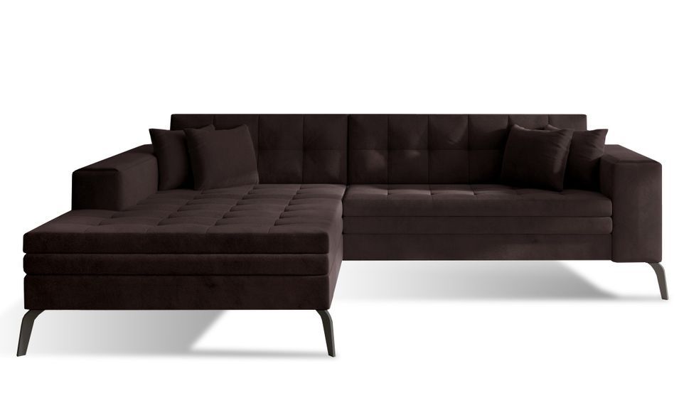 Canapé convertible capitonné angle gauche velours marron et pieds métal noir Lazor 295 cm - Photo n°1