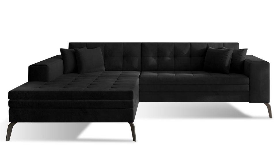 Canapé convertible capitonné angle gauche velours noir et pieds métal noir Lazor 295 cm - Photo n°1