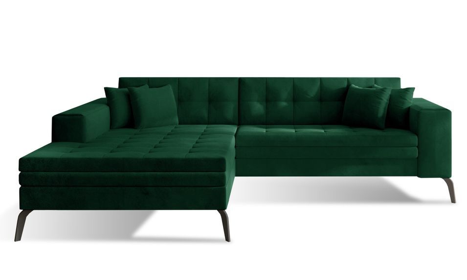 Canapé convertible capitonné angle gauche velours vert impérial et pieds métal noir Lazor 295 cm - Photo n°1